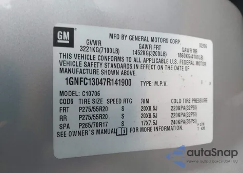 2007 Chevrolet Tahoe Ltz z USA, uszkodzony, nr VIN 1GNFC13047R141900